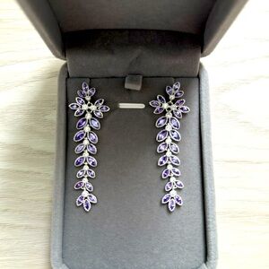Leaf Cluster Long Earring with Purple Jewels